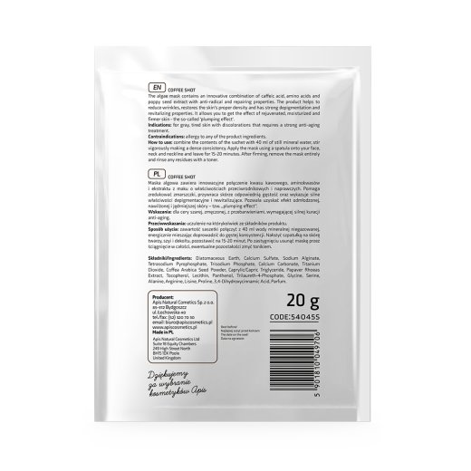 COFFEE SHOT Biorewitalizująca maska algowa z kwasem kawowym i ziarenkami kawy Arabica 20 g